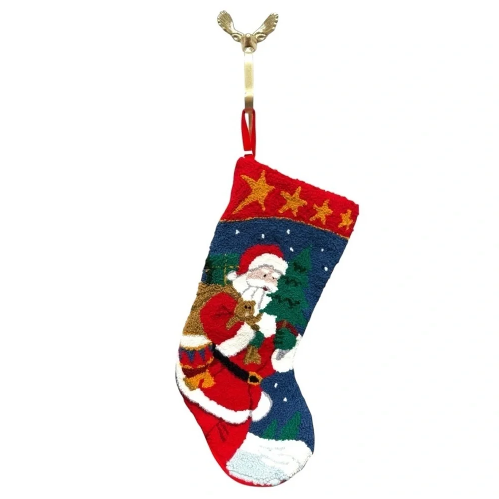 Vintage Wool Festive Santa Christmas W/Bag of Toys Stocking EUC
